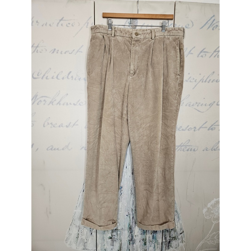 Brooks Brothers Corduroy Pants 38x32 Khaki Tan Pleated Cuffed Wide Wale Classic